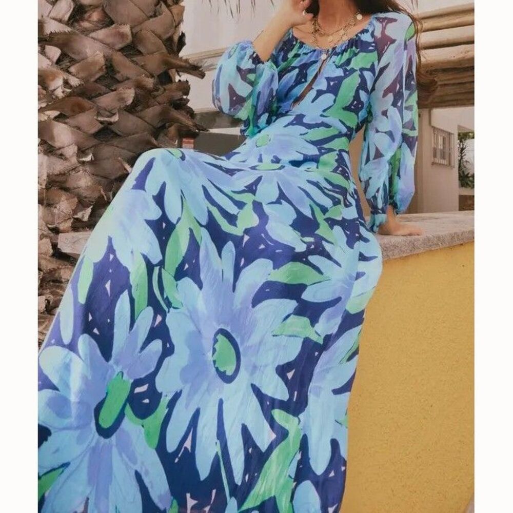 RIXO Nikolette Danish Floral Maxi Dress Printed Long Sleeve Cutout Blue L 291269